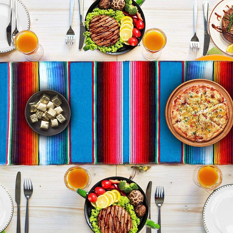 Fowecelt Mexican Serape Table Runner 14 x 84 Inch Hand-Woven Blanket Colorful Striped Mexican Fringe Cotton Fiesta Table Runner for Outdoor Picnics Dining Party Wedding Decorations - Image 2